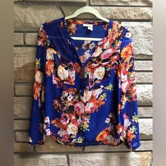Anthropologie Floral Blouse by Meadow Rue Kennedia Henley Blue XS - Picture 5 of 10